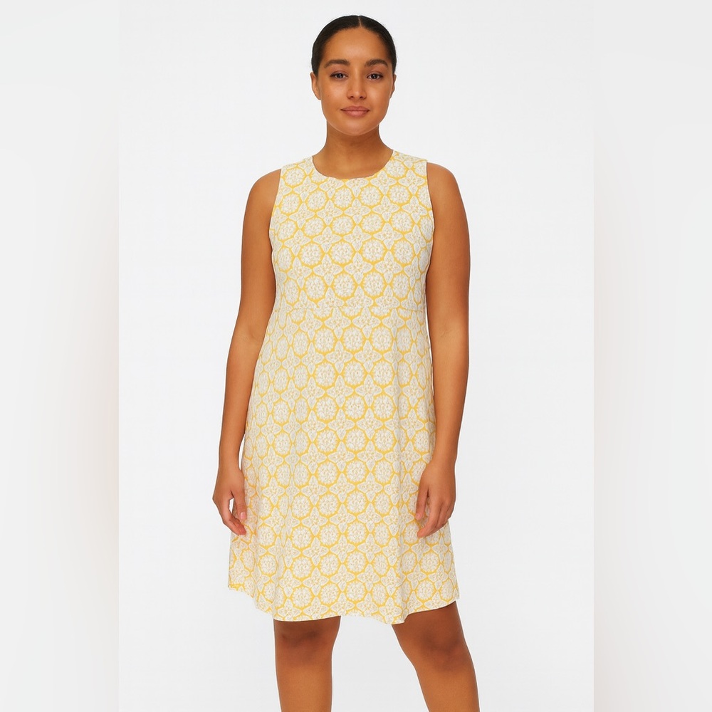Crown & Ivy Sleeveless Yellow & White Tile Print Dress Button Shoulder 3XL X